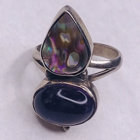 Sterling Silver Ring Amethyst Abalone Cab Stones Size 7 925 Night Signed - Picture 4 of 10